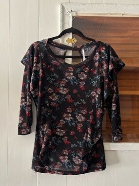 Free People Top Dock Street OB726779 Black Multi Floral 3/4 Sleeve Size Small